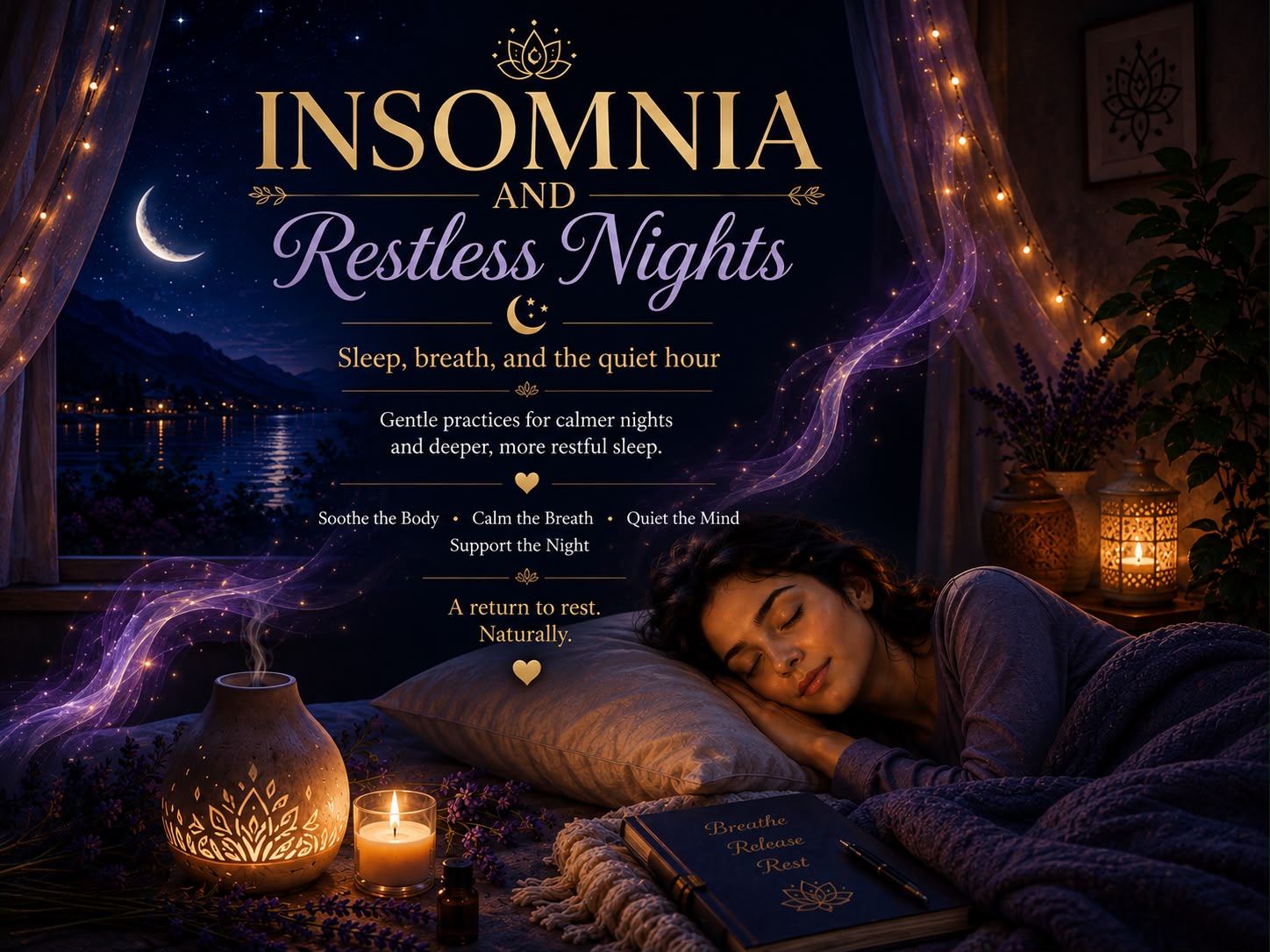 Soft night-time mood for sleep, breath, and the quiet hour meditation course.