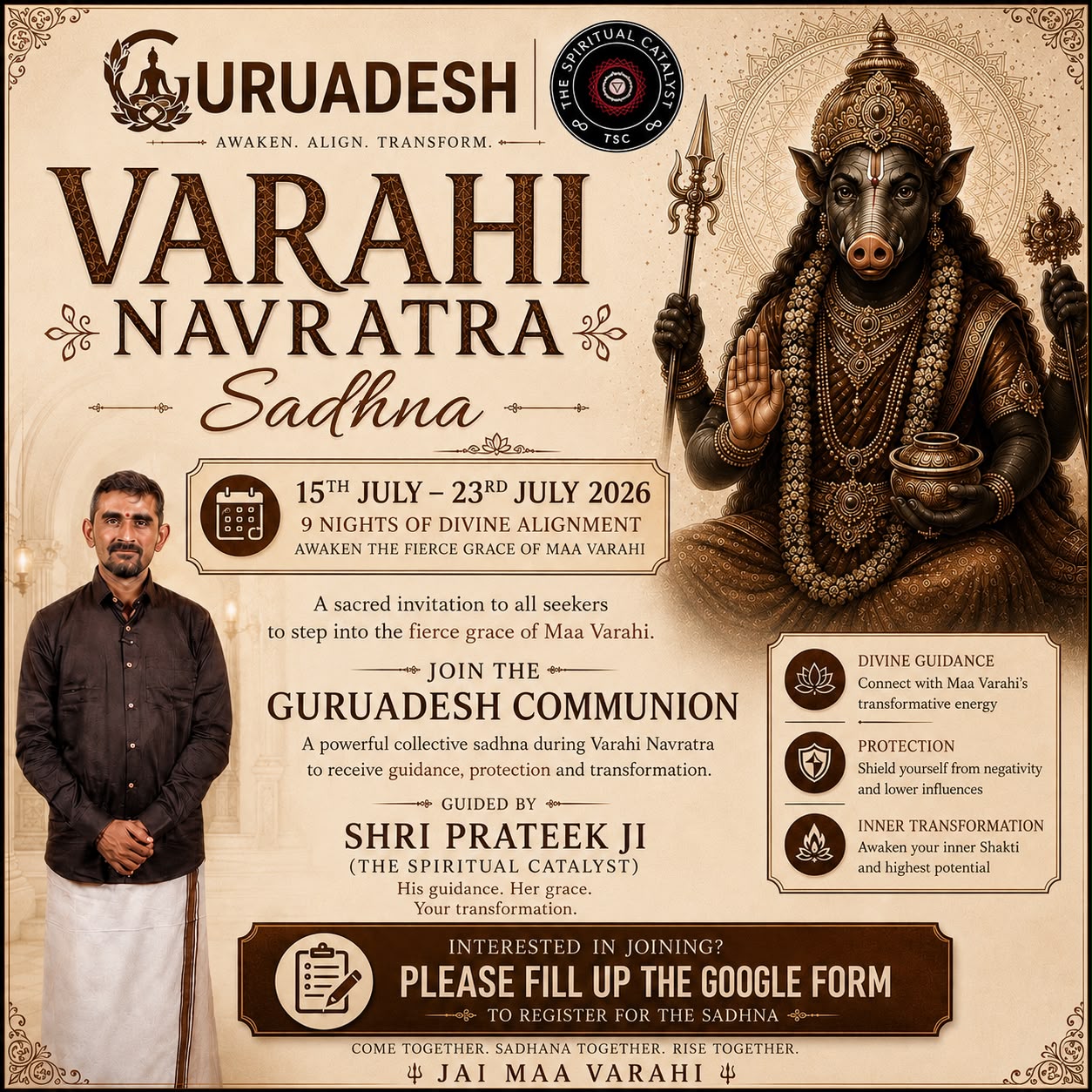 Varahi Navratra Sadhna poster — 15 to 23 July 2026 with Shri Pratik Ji, guided by Guruadesh.